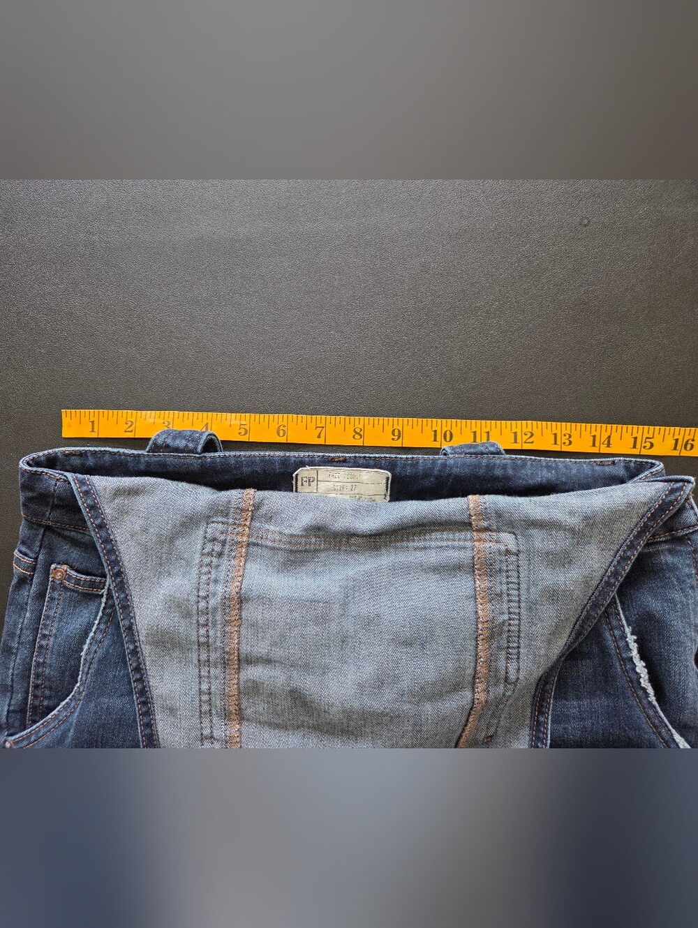 Free People Distressed Denim Overalls Medium Dark Wash Size 27 - 15" W Laid Flat - Picture 11 of 11
